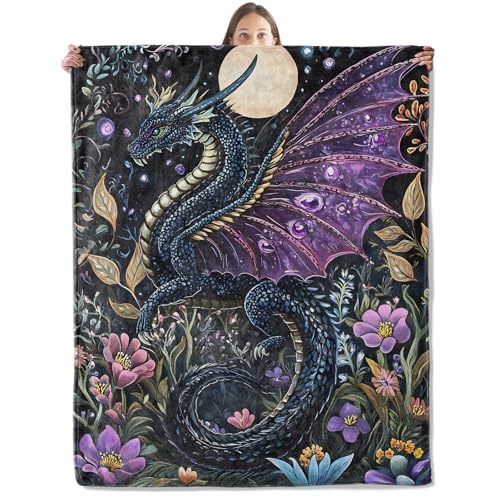 Mystical Moonlit Dragon Blanket, Cozy Plush Throw Blanket for Couch Bedroom Outdoor, Lightweight Soft Flannel Travel Blankets, Gifts for Women Adults Kids, Warm Decor 40"×50" - color: Dragon48, size: 40"×50"