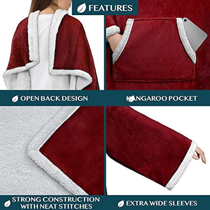 PAVILIA Sherpa Wearable Blanket with Sleeves and Pocket, Plush Thick Cozy Body Blanket Wrap for Adult Women Men, Christmas Gift for Wife Mom, Burgundy Red - color: Wine