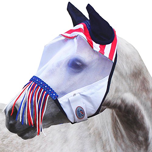 Derby Originals Reflective Safety Horse Fly Mask with Ears and Nose Fringe - color: Red/White/Blue, size: X-Large (Oversize/Warmblood)