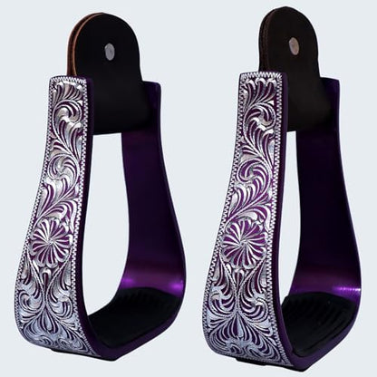 HILASON Western Aluminum Horse Riding Stirrups – Engraved Floral Design with Rubber Tread - color: Purple