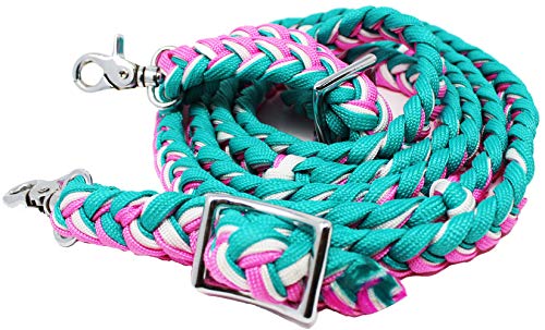 CHALLENGER Horse Western Nylon Braided 8 Ft. Knotted Roping Barrel Reins Purple Teal Orange 60737 - color: Turquoise / Pink / White