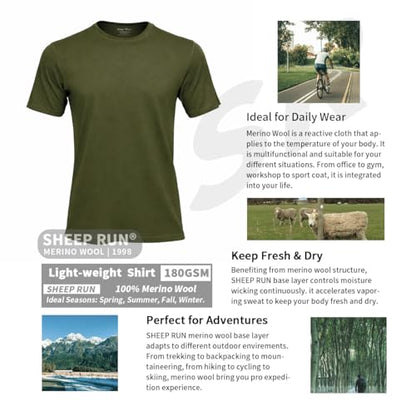 SHEEP RUN Men's Merino Wool Lightweight Hiking Running Workout Breathable Base Layer T Shirt - color: Olive Drab, size: Medium