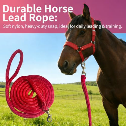 Double Braided Nylon Horse Lead Rope with Snap Hook, Black, 10 FT, Durable Lightweight (Red, 10FT) - color: Red, size: 10FT