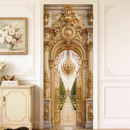 Gold Garden Arch Door Mural, Luxury Palace Entry Door Cover - color: Colorful2873