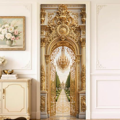 Gold Garden Arch Door Mural, Luxury Palace Entry Door Cover - color: Colorful2873