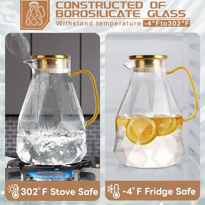 Glass Pitcher, 2.8 Liter Water Pitcher with Lid, Beverage Serveware | Iced Tea Pitcher, Water Carafe Handle, Heat Resistant Borosilicate Jug - size: 2.8 liters