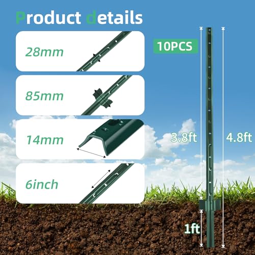 AggFencer 4.8 Ft Fence Post 10Pack, U Post for Wire Fencing | Heavy Duty No Dig Green Metal T Posts for Yard and Outdoor - size: 4.8 Ft