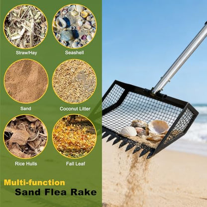 10.3in Sand Flea Rake with 24 to 68in Adjustable Steel Handle