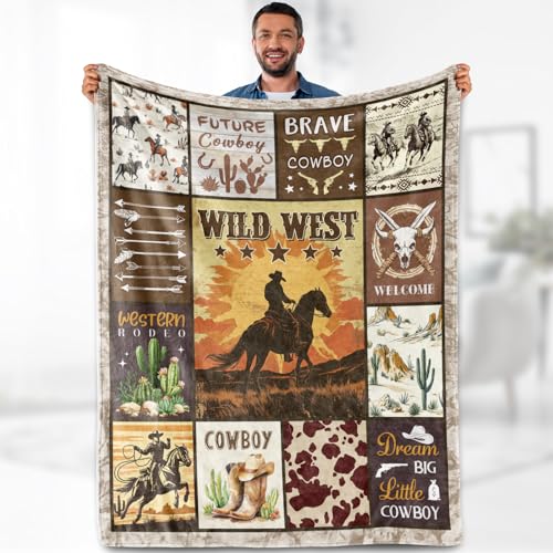 Western Cowboy Blanket Gifts for Men Kids Boys Wild West Print Rustic Country Native American Living Room Decor Soft Cozy Bed Couch Plush Birthday Christmas Lightweight Blanket 50"x60" - color: Cowboy, size: 50"x60"