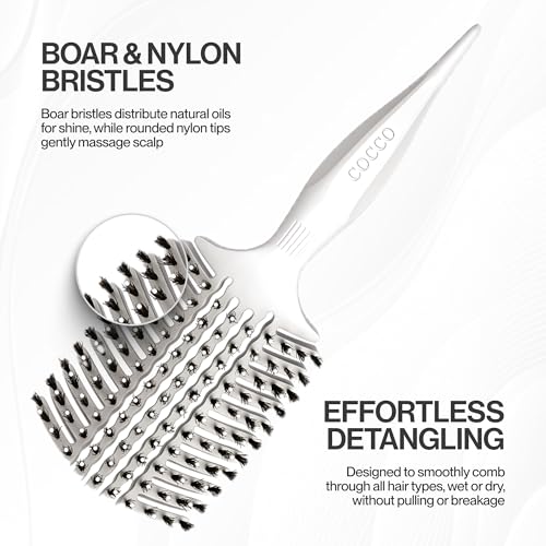 COCCO Aura Vent Boar Brush, Dual-Curved Design for Faster Drying - color: White