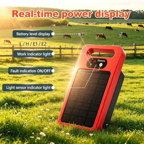 0.32J Solar Electric Fence Charger with Panel for Livestock, 20-Mile Red - color: Red