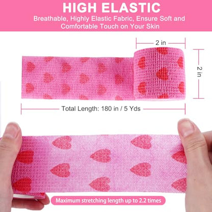 48 Pack Self Adhesive Bandage Wrap, 2” x 5 Yards Cohesive Medical Tape Elastic Grip Tape Black Sports Tape Athletic for Ankle, Wrist Sprains, Pet First Aid (Pink-Heart) - color: Pink-heart
