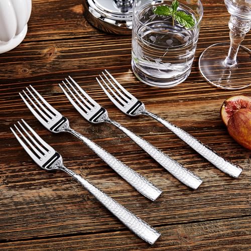 KEAWELL Premium Louis 4-Piece Hammered Dinner Forks (4, 8.3" Dinner Fork) | 18/10 Stainless Steel Dinner Forks; Hammered Squared-Edge Handles; Smooth, Rounded Edges for Comfort; Dishwasher Safe - size: 8.3" Dinner Fork