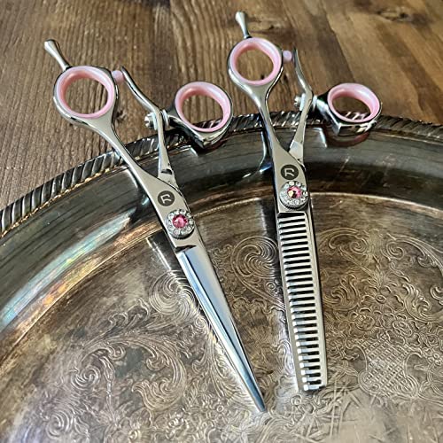 Saki Shears Sakura 5.5" Swivel Hair Cutting Scissors Set - Pink Cutting and Thinning Shears with Rotating Thumb - 440C Japanese Steel - color: Steel, size: Set of Swivel Shears