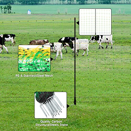 TMEE Electric Goat Sheep Fencing Livestock Netting Fence with 14 Posts, Double Spiked, Portable Mesh for Lambs, Deer, Hogs, Dogs, 35.5" H x 164' L, Green - size: 35.5" H