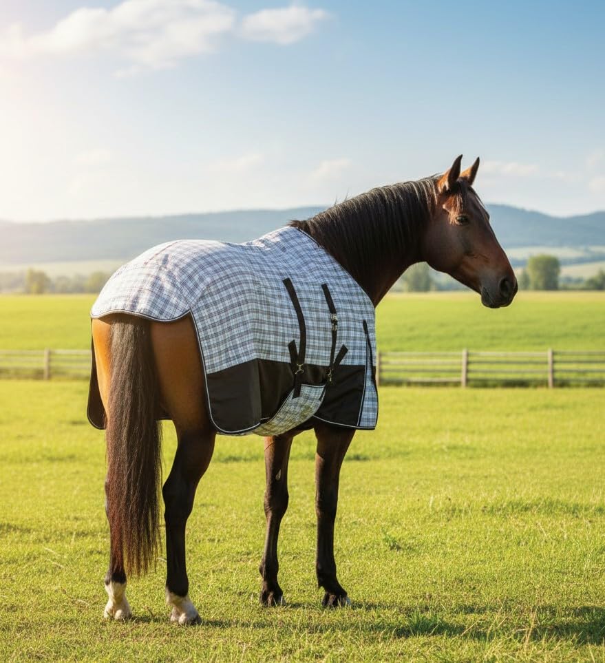 1200D Waterproof Medium Weight Poly (250g Fill) Horse Winter Turnout Blanket with Standard Neck AT010002CHK1-72 - size: 72