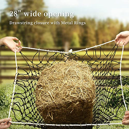 Bloomoak Slow Hay Net Feeder for Horses, Durable Soft Black PE 2/3 String Hay Bales Bags, Fit 36x18x18 to 47x25x17 Inches, Extends 50-64 Inches (2 1.6" Hole/1PC) - color: 2 String-1.6" Hole-Ultra Slow Feed/1PC