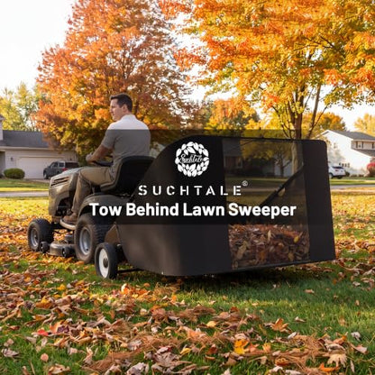 Suchtale 52 Inch Tow Behind Lawn Sweeper with 26 Cu Ft Hopper | 52 Inch Sweeping Path, 26 Cu Ft Hopper, Adjustable Brush Height, Dumping Rope, Steel Frame, Lawn Tractor Attachment - size: 52''