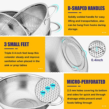E-far Stainless Steel Colander Set of 3 (1-3-5Quart), Micro-Perforated Metal Colander Strainer with Handle for Kitchen/Draining Pasta/Rinsing Vegetables Fruits, Heavy Duty & Dishwasher Safe - size: 1 + 3 + 5 QT