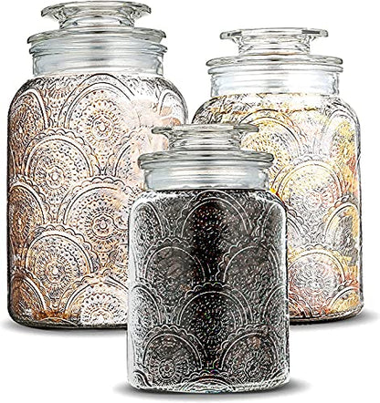 Le'raze Food Storage Containers with Airtight Lids - Retro Design - Pantry Organization, Glass Canisters Storage for Cookies, Tea, Sugar, Candy Jars, Sugar Packet, Set of 3