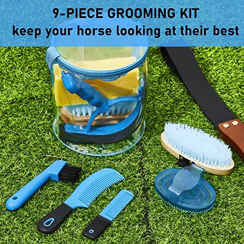 Cunhill 9 Pcs Horse Grooming Kit with Bag Curry Brushes,Cute,Blue - color: Blue, style: Cute