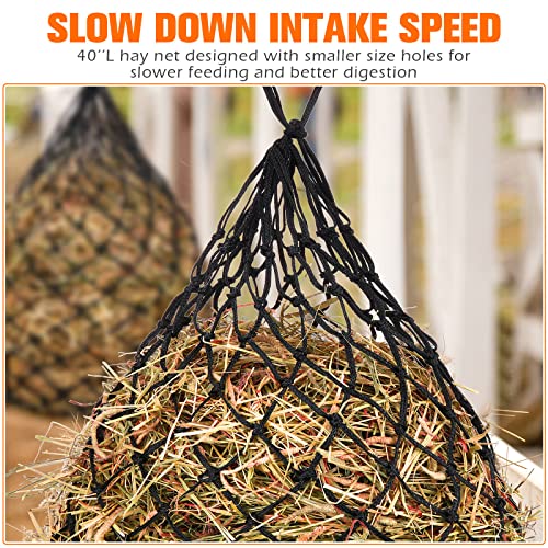 Tudomro 4 Pcs Hay Net Slow Feeder Hay Nets for Horses 35 Inch Hanging Hay Feeder Hay Bag for Horses Small 2 x 2” Holes Feeding Net Travel Feeder for Trailer and Stall, Simulates Grazing(Black)