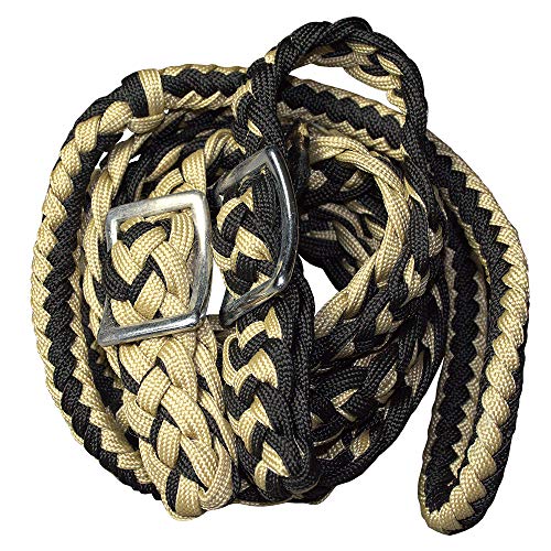 HILASON 1" X 8Ft Braided Poly Barrel Reins Horse Racing Flat Grip Knots - color: Black Tan