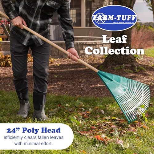 FARM-TUFF 24 Inch Leaf & Lawn Rake with 48 Inch Hardwood Handle - Extra-Wide, Durable Rake for Lawns, Gardens, and Yard Cleanup