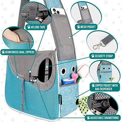 PetAmi Dog Sling Carrier for Small Dogs, Hands Free Crossbody Carrier, Blue | Under 10 lbs, Puppy Cat Pet Travel Gift, Breathable Mesh, Padded Strap, Removable Sherpa Bed, Pockets & Poop Bag Dispenser - color: Teal Blue