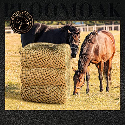 Bloomoak Slow Hay Net Feeder for Horses, Durable Soft Black PE 2/3 String Hay Bales Bags, Fit 36x18x18 to 47x25x17 Inches, Extends 50-64 Inches (3 1.6" Hole/1PC) - color: 3 String-1.6" Hole-Ultra Slow Feed/1PC
