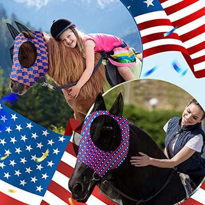 Chunful 6 Pcs 4th of July Horse Fly Masks with Ears 250th Anniversary Fly Masks Comfort Stretchy UV Protection American Flag Stars Breathable Mesh for Memorial Day Horse Supplies(Medium)