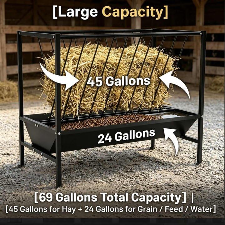 Multi-Purpose Hay Feeder, 45 Gallon Hay Storage with 25 Gallon Grain Feed Water Trough, Heavy Duty Metal Livestock Rack for Goat, Sheep, Horse, Cow, Pig, Indoor Outdoor Use