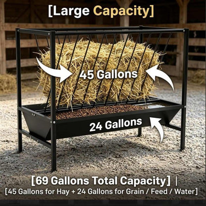 Multi-Purpose Hay Feeder, 45 Gallon Hay Storage with 25 Gallon Grain Feed Water Trough, Heavy Duty Metal Livestock Rack for Goat, Sheep, Horse, Cow, Pig, Indoor Outdoor Use