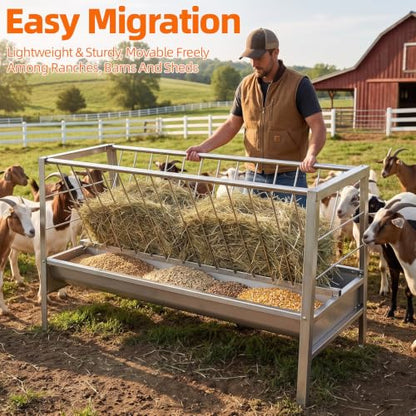 Livestock Hay Feeder, 2‑in‑1 Hay and Grain Feeder, 30 Gallon Heavy‑Duty Steel Feeding Trough, 59 Inch Long Deep Pan Livestock Feed Holder for Goats, Sheep, Horses, Farm Pastures & Barns