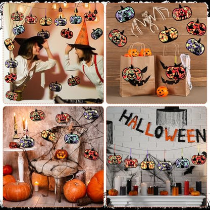 AmazingSpark 30 Pcs Halloween Pumpkin Suncatcher Craft Kit Tissue Paper DIY | 6 Spooky Designs Bat Ghost House, Stained Glass Effect for Classroom Party Activities, Bulk Art Projects, Hanging Included - style: Halloween