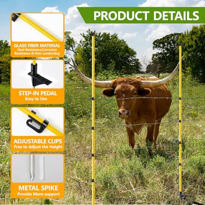 80 Inches Electric Fence Posts Fiberglass Step-in 20 Pack, Temporary Fence Stakes with Adjustable Clips for Livestock, Garden, Farm Protection