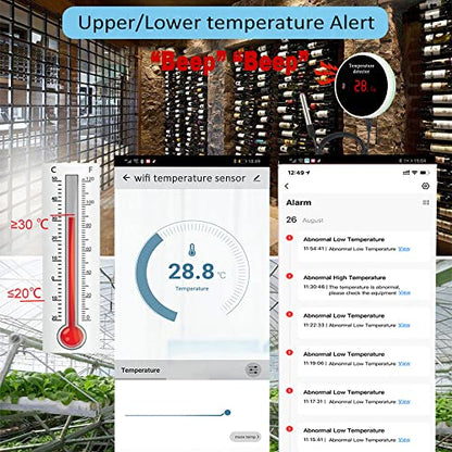 WiFi Temperature Sensor Smart Thermometer: Digital Temperature Monitor Gauge with Waterproof External Probe, App Alert & Buzzer Alarm, Rechargeable Battery, for Freezer, Refrigerator, Fish Tank