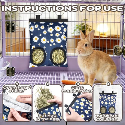 2 Pack Rabbits Hay Feeder Bag, 2 Holes Hanging Bunny Hay Feeder Guinea Pig Feeding Bag Storage Dispenser for Bunny Rabbits Chinchillas Hamsters Small Pets and Animals - color: Blue