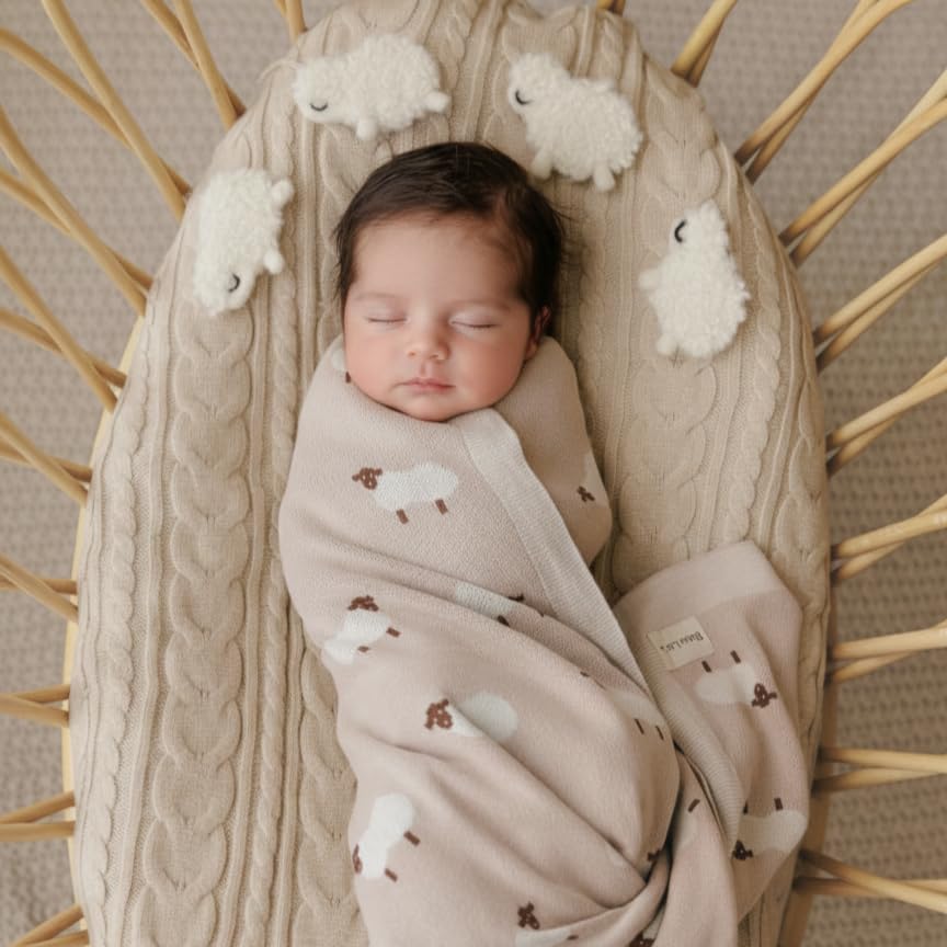 Baby Swaddle Blanket - 100% Luxury Cotton Knit Soft Cozy Lightweight Unisex Receiving Stroller Quilt Blanket for Shower Gift Registry for Newborns Infants Toddlers (Sheep - Khaki) - color: 01 - Sheep - Khaki