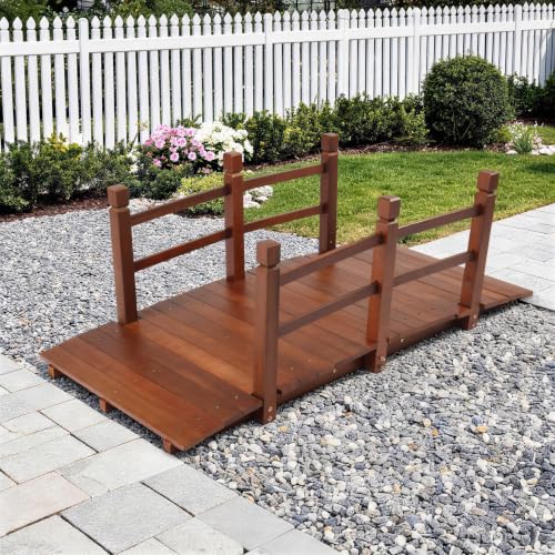 Outvita 5 ft Garden Wooden Bridge Arch Natural Finish with Safety Rails Outdoor Footbridge for Backyard Creek Farm, Decorative Pond Bridge - size: 5ft-dark brown
