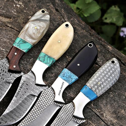 Custom Handmade 7'' fixed blade hoof rasp knife Cow boy knife Turquoise Handle Damascus steel Bull cutter, cowboy knives with pancake leather sheath (WHITE HONEY COMB) - color: WHITE HONEY COMB