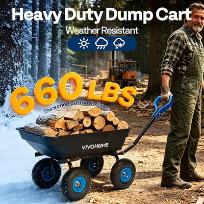 VIVOHOME 660lbs Wheelbarrow Dump Garden Cart with 2-in-1 Convertible Handle | Attach to ATV or Tractor, 10" All Terrain Wheels, Heavy Duty Utility Trailer for Yard - color: Blue