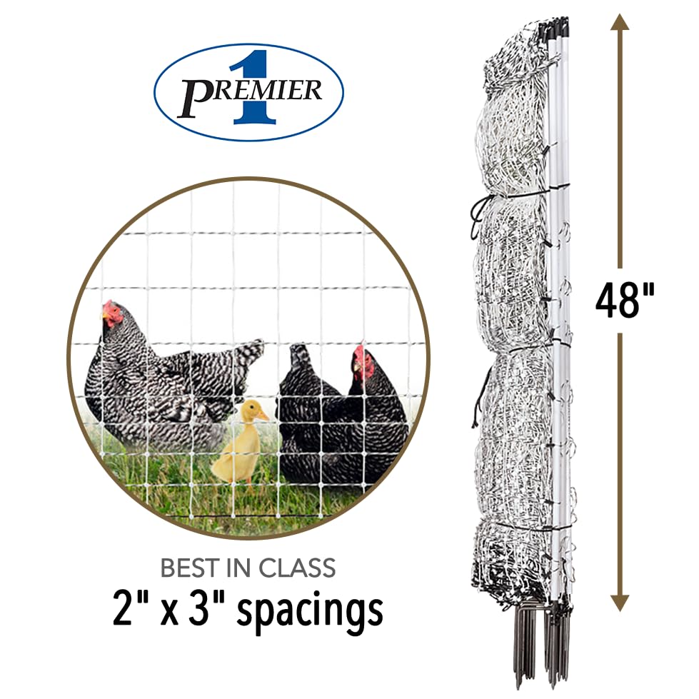 Premier 1 PoultryNet® Plus, Plug-in Starter Kit for Chickens – 48"H x 100'L | White/black. Plug-in energizer & cable, support posts & tester included. Double spike, posts every 6.8 ft to reduce sag. - color: White/Black
