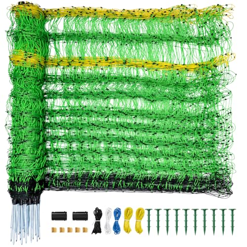 Electric Fence Netting, 49.6" H x 164' L, Portable Livestock Net Fencing with Double-Spike Posts, Movable Mesh for Goats, Sheep, Hogs, Deer & Dogs, Predator Control for Backyard, Farm & Homestead - color: Green, size: 49.6" H x 164' L Livestock