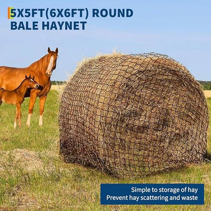 6X6 Ft Round Bale Hay Net for Horses and Goats, Knotless Design Slow Feed Hay Net with 2” Holes, Large Heavy Duty Slow Feeder Nets - size: 6x6FT
