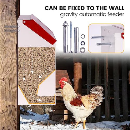 Galvanized Wall Mount Chicken Feeder No Waste Hanging Chicken Feeder with Lid Weatherproof Metal Automatic Poultry Feeder Trough Food Dispenser for Outside Coop (23 lbs)