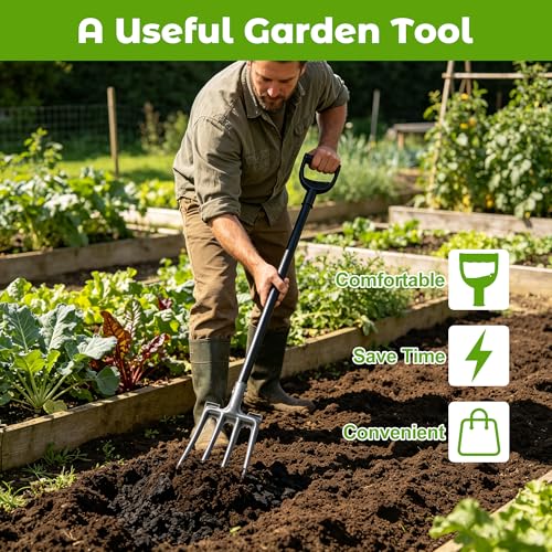 Pitch Fork, Metal Broadfork Garden Tool Long Handle, 4 Tine Mulch Hay Manure Digging Bedding Hay Potato Garden Fork Shovel for Gardening Loosening Soil Compost - size: 45"