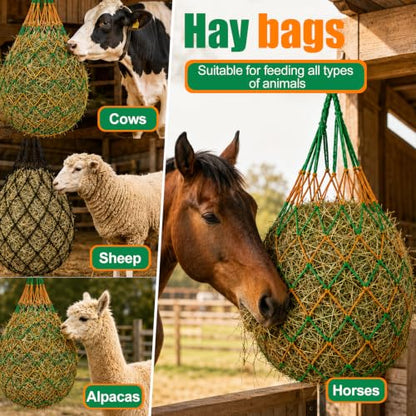 Penitue 4pcs Large Capacity Hay Nets, 94cm/37in Long with 6.5cm/2.56in Holes Durable Hanging Slow Feed Mesh Hay Bag for Horses Sheep Stable, Trailer & Pasture (2 Colors)