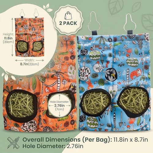 2Pcs Rabbit Hay Feeder Bag 11.8 x 9 Inch Oxford,2 Hole Guinea Pig Hay Bags Storage Dispenser for Rabbits Chinchillas Hamsters Small Pets and Animal,Leakproof Travel Food Container for Cage Outdoor