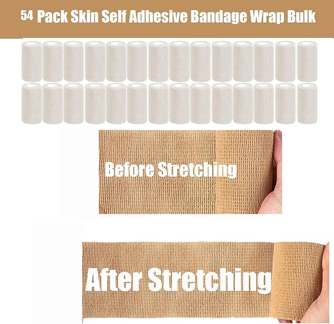 54 Pack White Self Adhesive Bandage Wrap Bulk 4 Inch x 5 Yards Cohesive Bandage,Vet Wrap Breathable Elastic Self-Adherent Tape for Stretch Athletic Sports Wrist Ankle Dogs Pet Vet Wrap - color: White